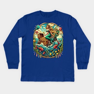 Mermaid sitting on a rock with a open treasured Kids Long Sleeve T-Shirt